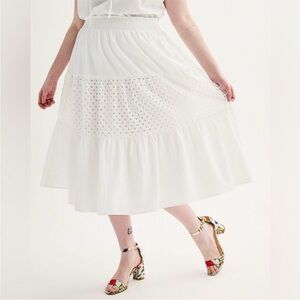 White Eyelet Tiered Midi Skirt-Small